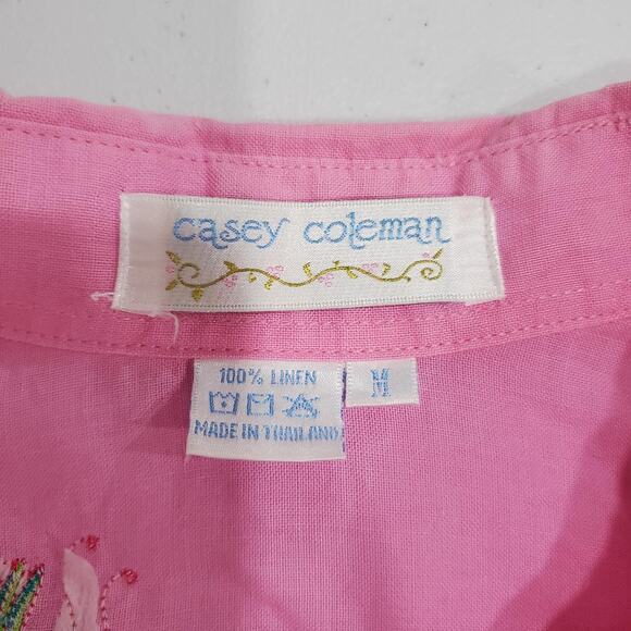 Casey Coleman Shirt Womens Medium Pink Linen Grasshopper Embroidered - Picture 3 of 8